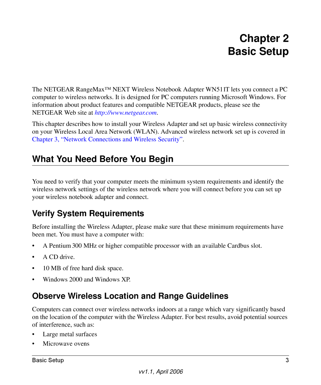 NETGEAR WN511T user manual Chapter Basic Setup, What You Need Before You Begin, Verify System Requirements 