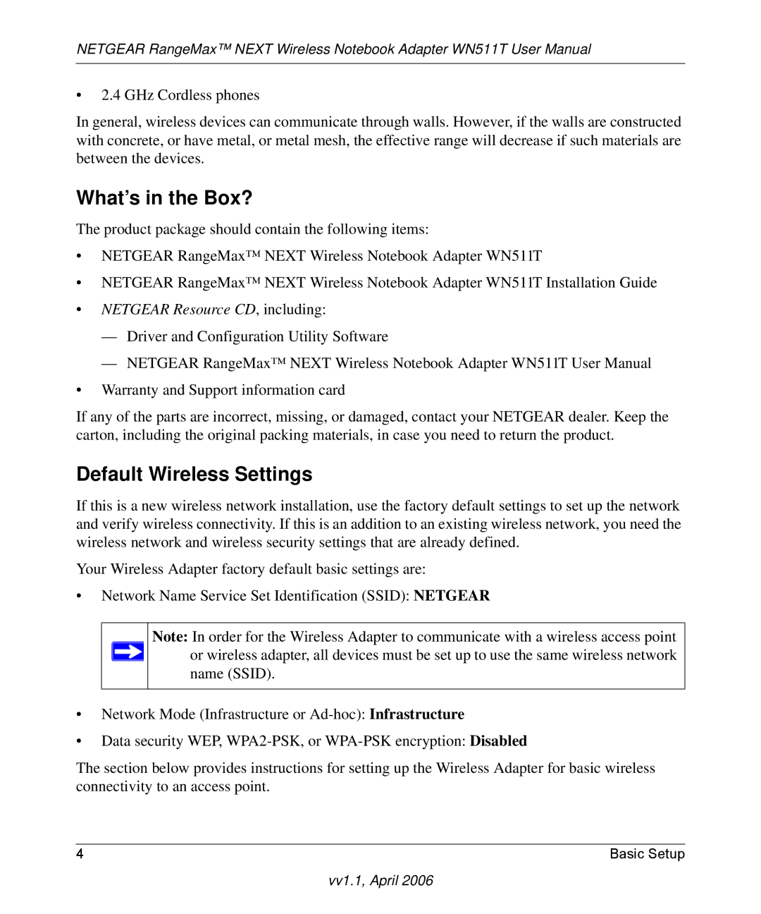 NETGEAR WN511T user manual What’s in the Box?, Default Wireless Settings 