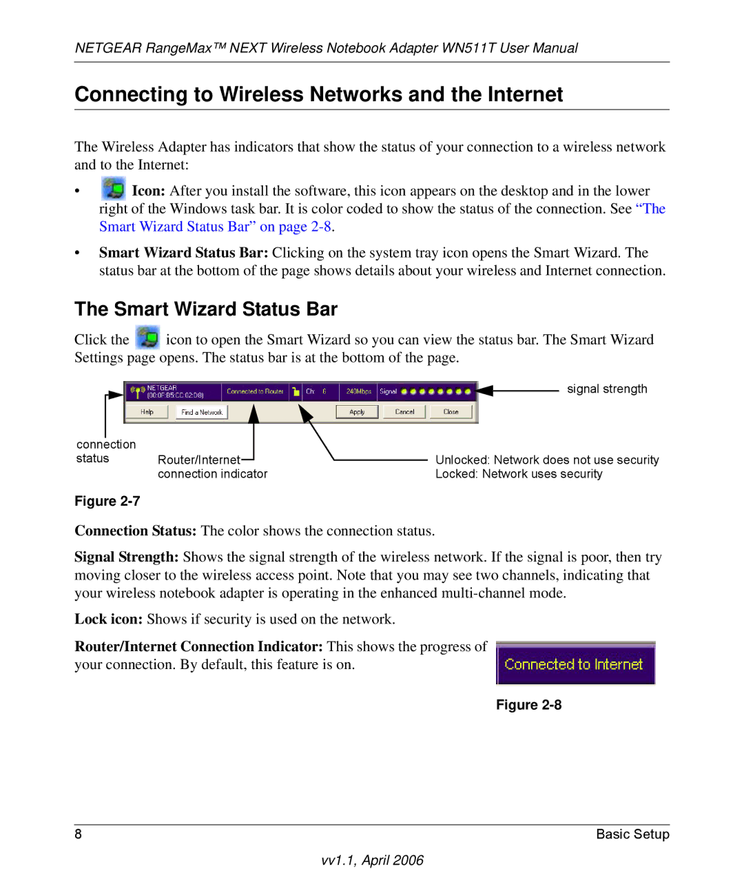 NETGEAR WN511T user manual Connecting to Wireless Networks and the Internet, Smart Wizard Status Bar 