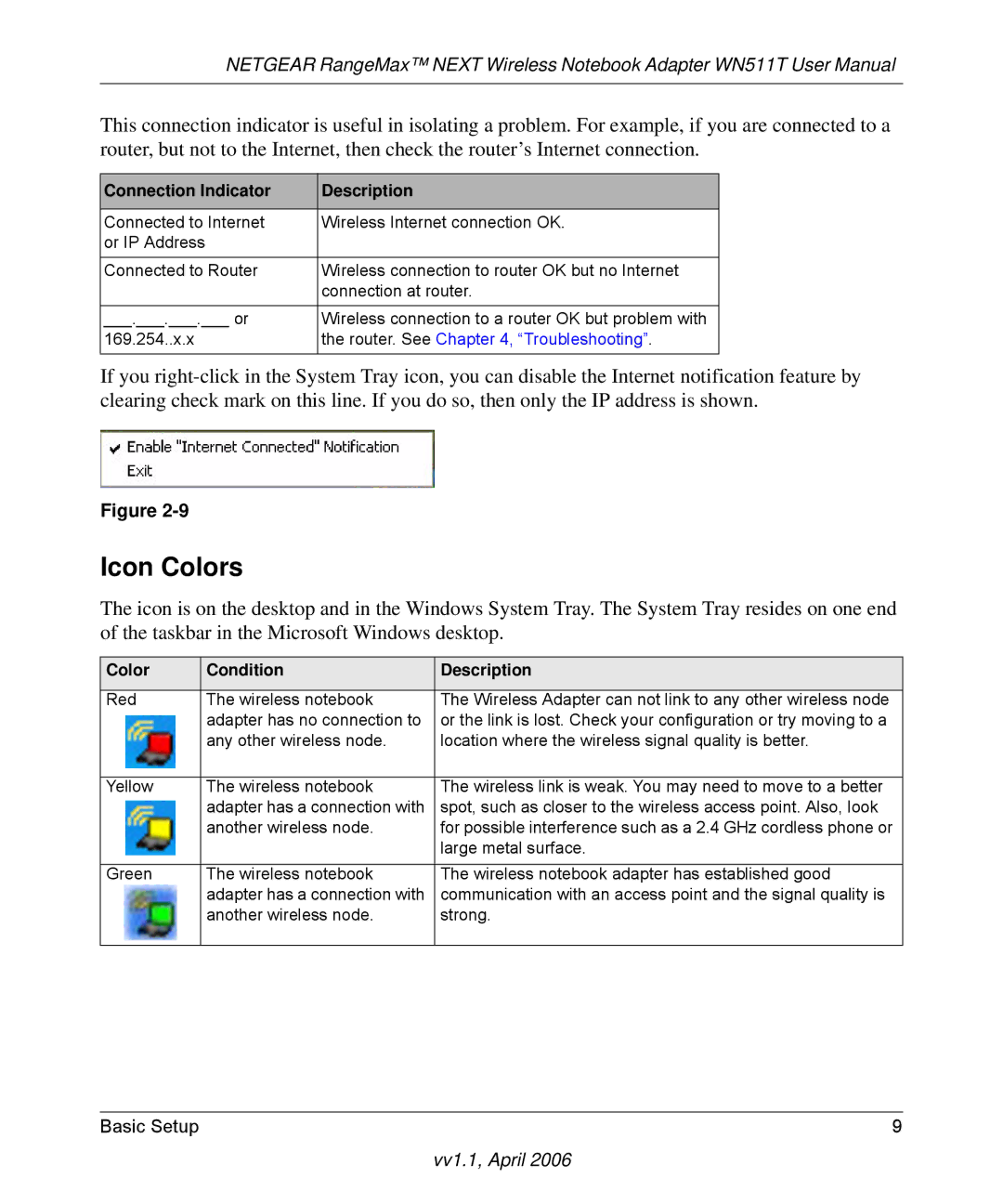 NETGEAR WN511T user manual Icon Colors, Connection Indicator Description 