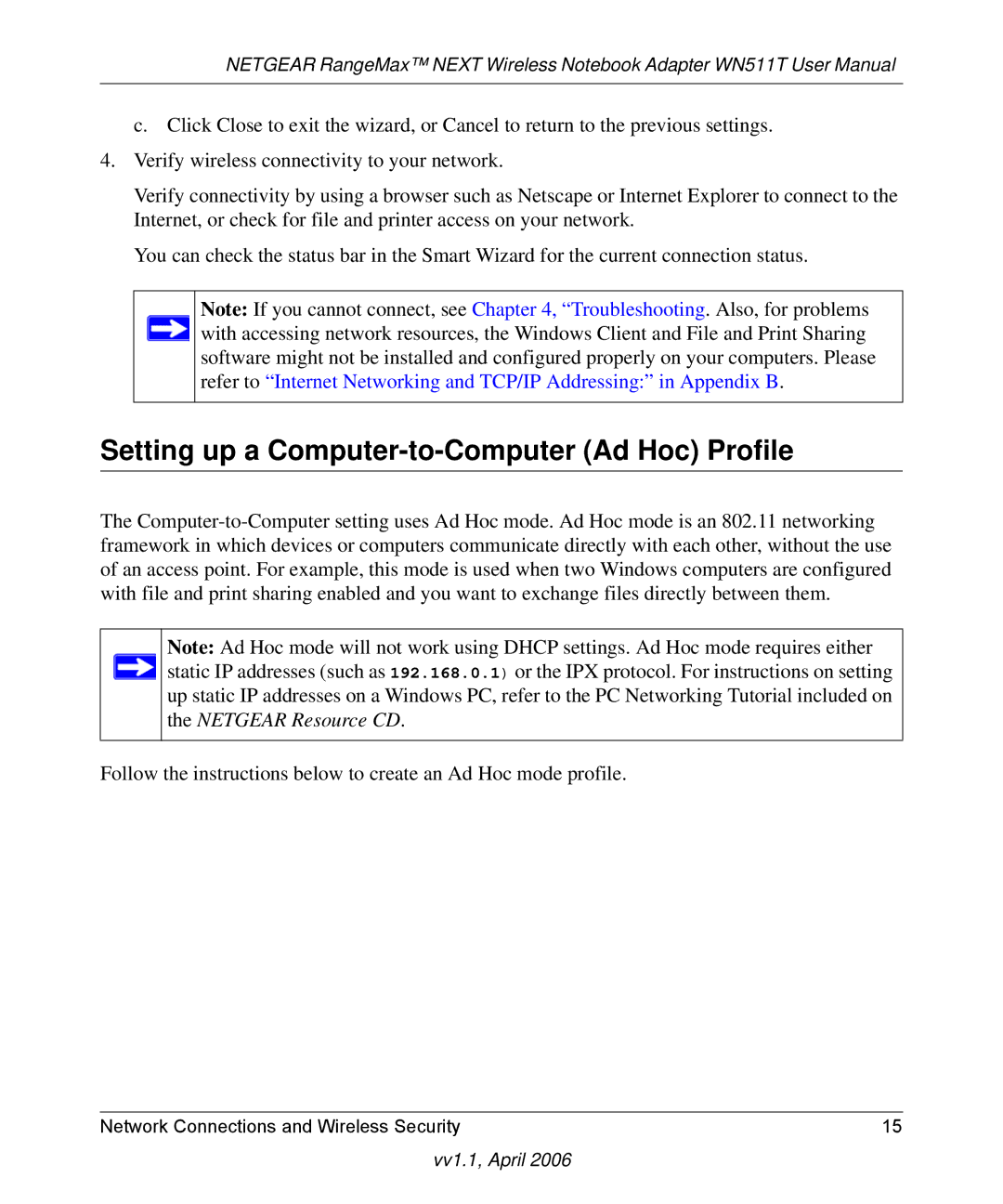 NETGEAR WN511T user manual Setting up a Computer-to-Computer Ad Hoc Profile 