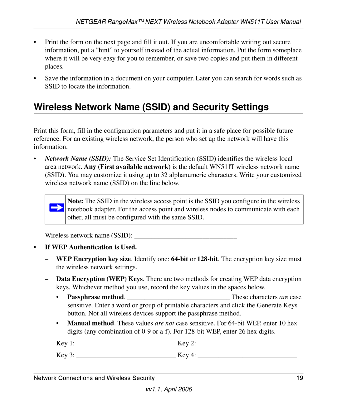 NETGEAR WN511T user manual Wireless Network Name Ssid and Security Settings, If WEP Authentication is Used 