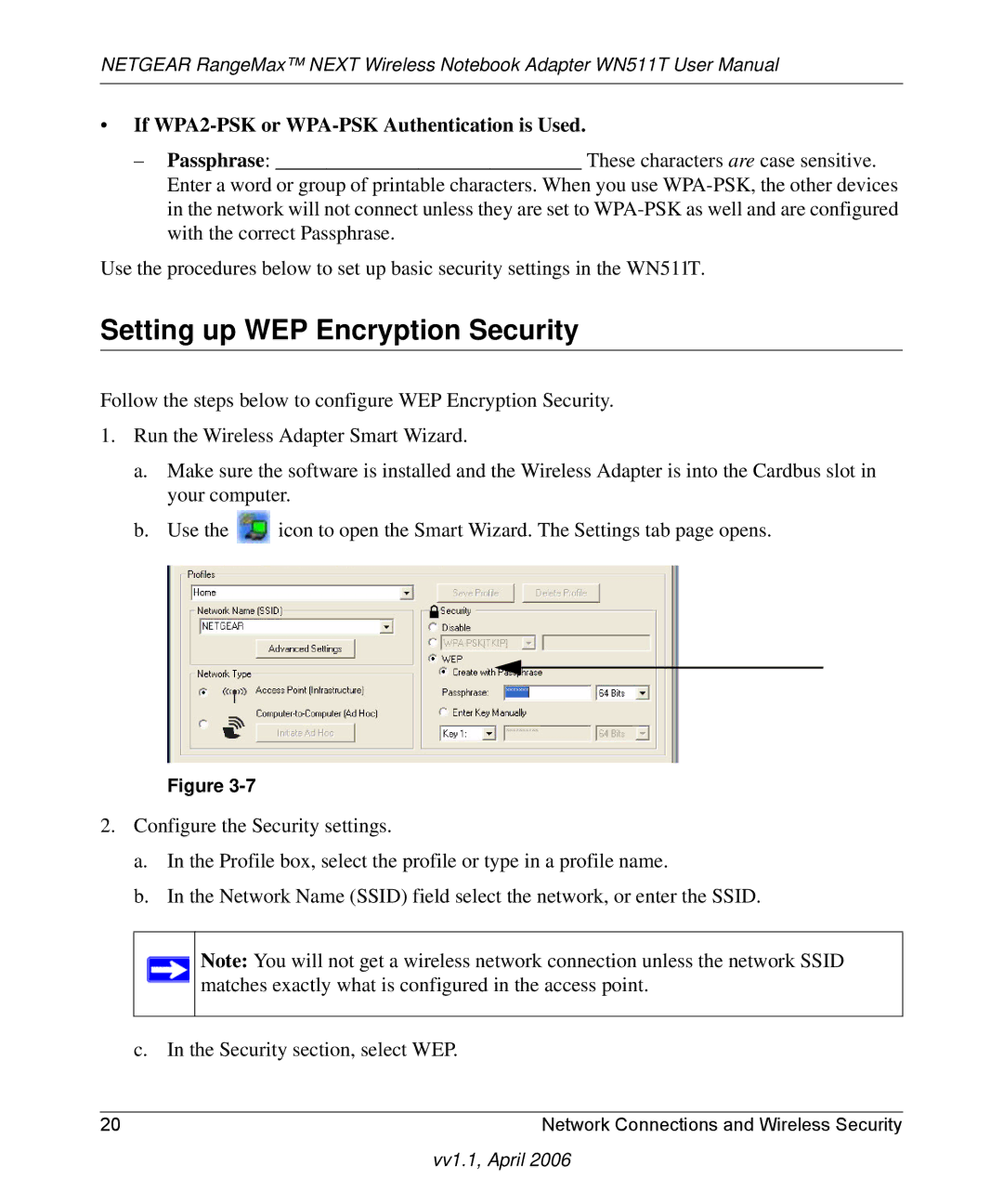 NETGEAR WN511T user manual Setting up WEP Encryption Security, If WPA2-PSK or WPA-PSK Authentication is Used 