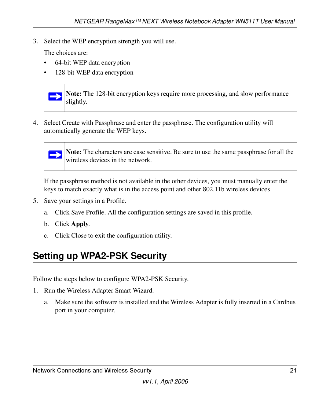 NETGEAR WN511T user manual Setting up WPA2-PSK Security 