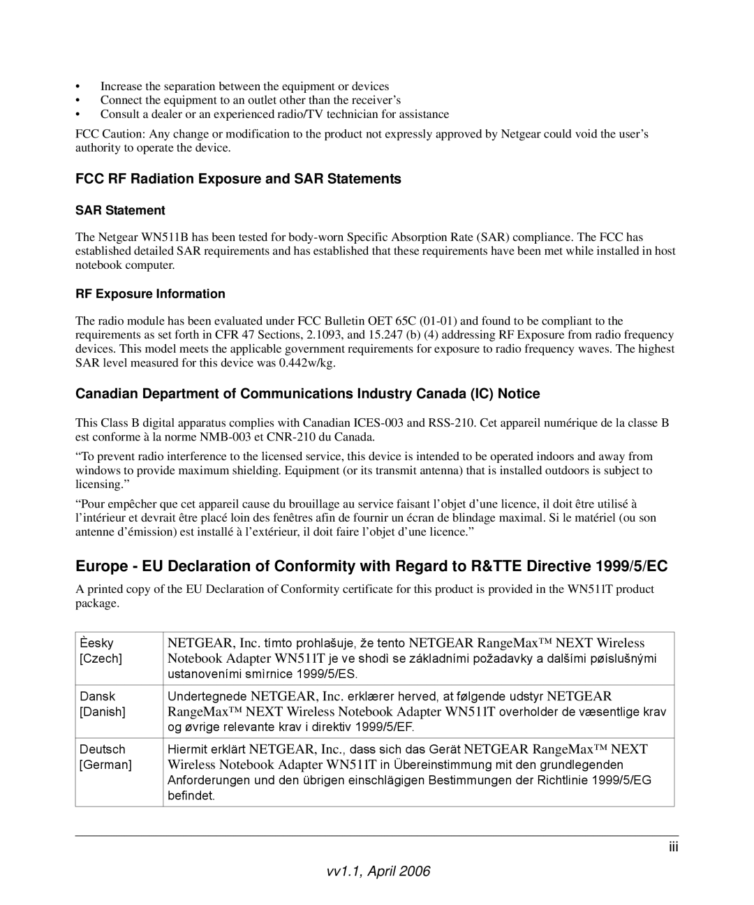 NETGEAR WN511T user manual FCC RF Radiation Exposure and SAR Statements 