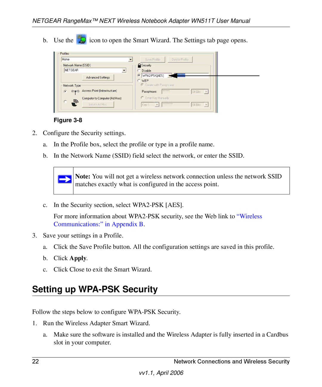 NETGEAR WN511T user manual Setting up WPA-PSK Security 