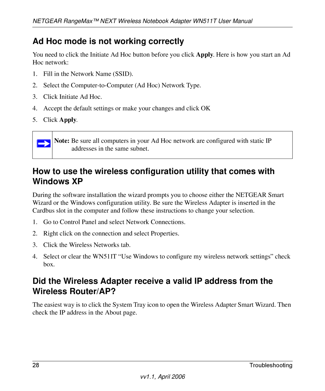 NETGEAR WN511T user manual Ad Hoc mode is not working correctly 