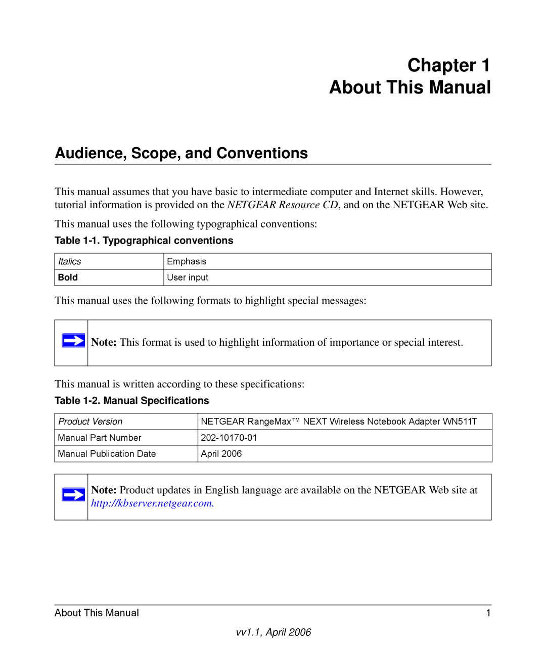 NETGEAR WN511T user manual Chapter About This Manual, Audience, Scope, and Conventions 