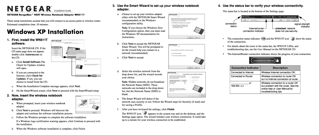 NETGEAR user manual Windows XP Installation, First, install the WN511T software, Connection Indicator, Description 