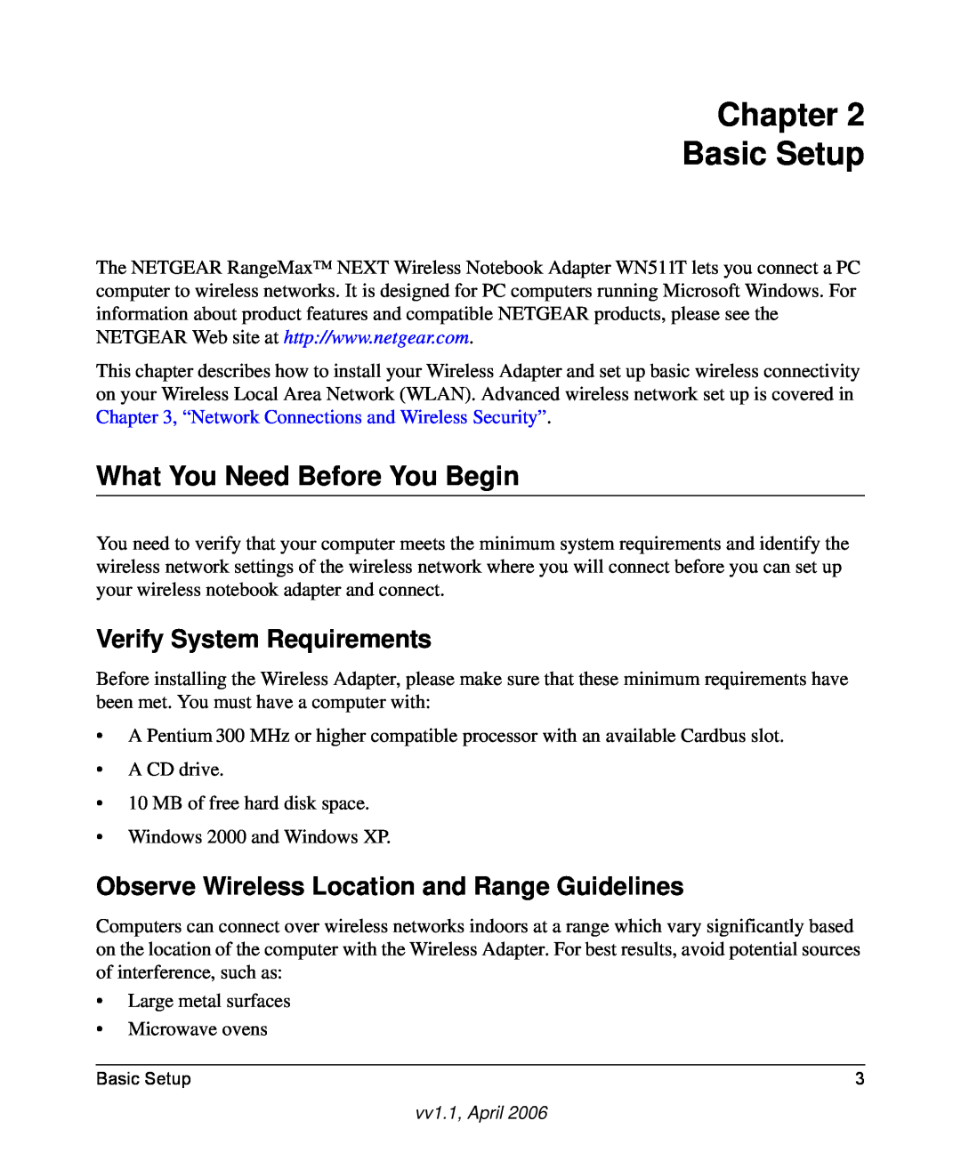 NETGEAR WN511T user manual Chapter Basic Setup, What You Need Before You Begin 