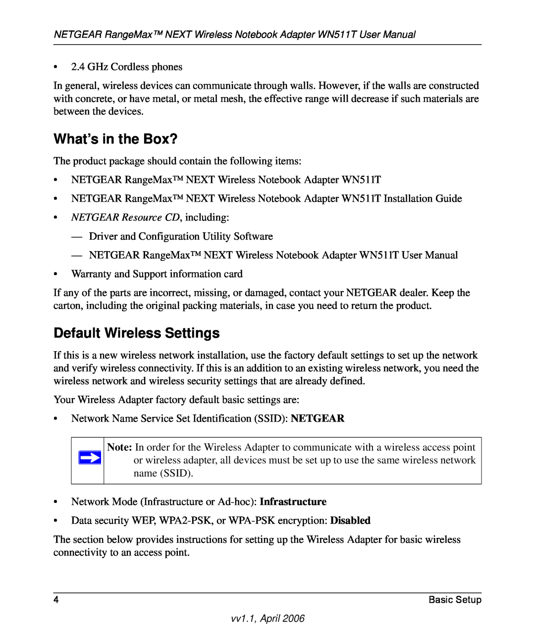 NETGEAR WN511T user manual What’s in the Box?, Default Wireless Settings, NETGEAR Resource CD, including 