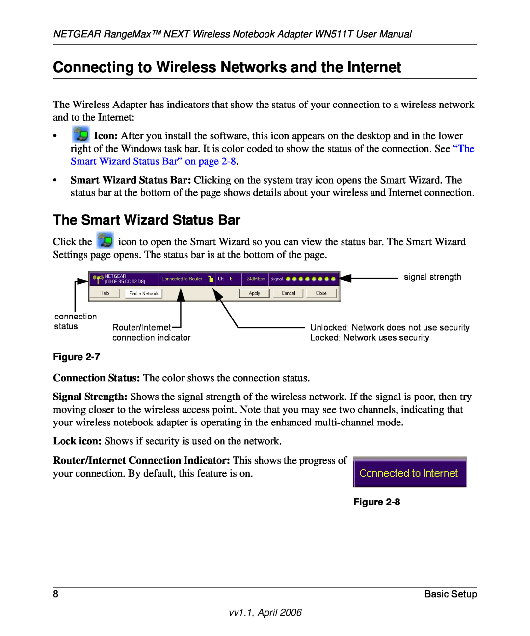 NETGEAR WN511T user manual Connecting to Wireless Networks and the Internet, The Smart Wizard Status Bar 