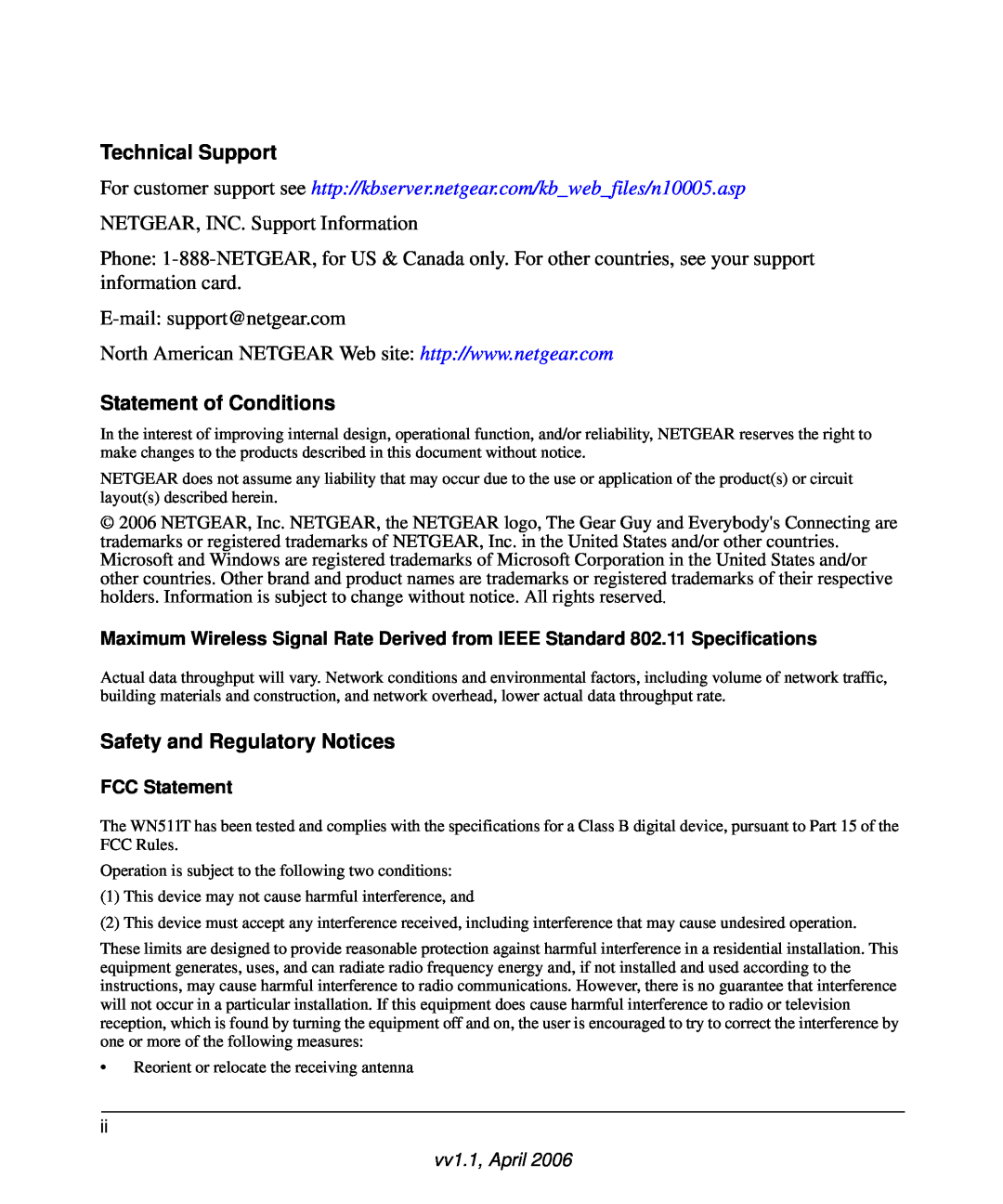NETGEAR WN511T Technical Support, Statement of Conditions, Safety and Regulatory Notices, FCC Statement, vv1.1, April 