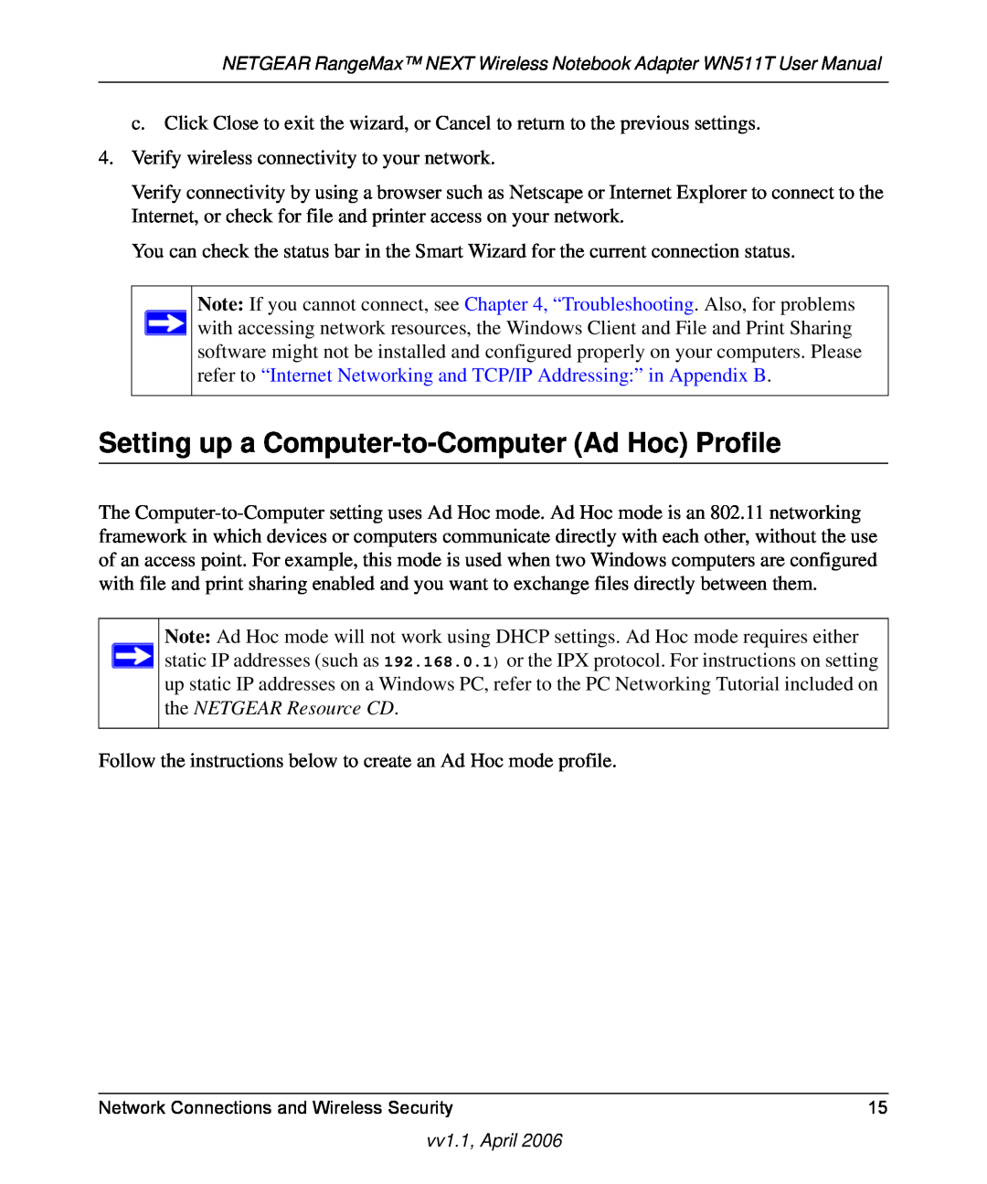 NETGEAR WN511T user manual Setting up a Computer-to-Computer Ad Hoc Profile 