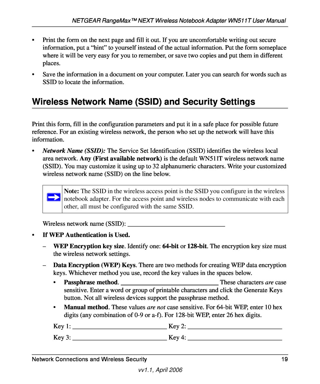 NETGEAR WN511T user manual Wireless Network Name SSID and Security Settings, If WEP Authentication is Used 