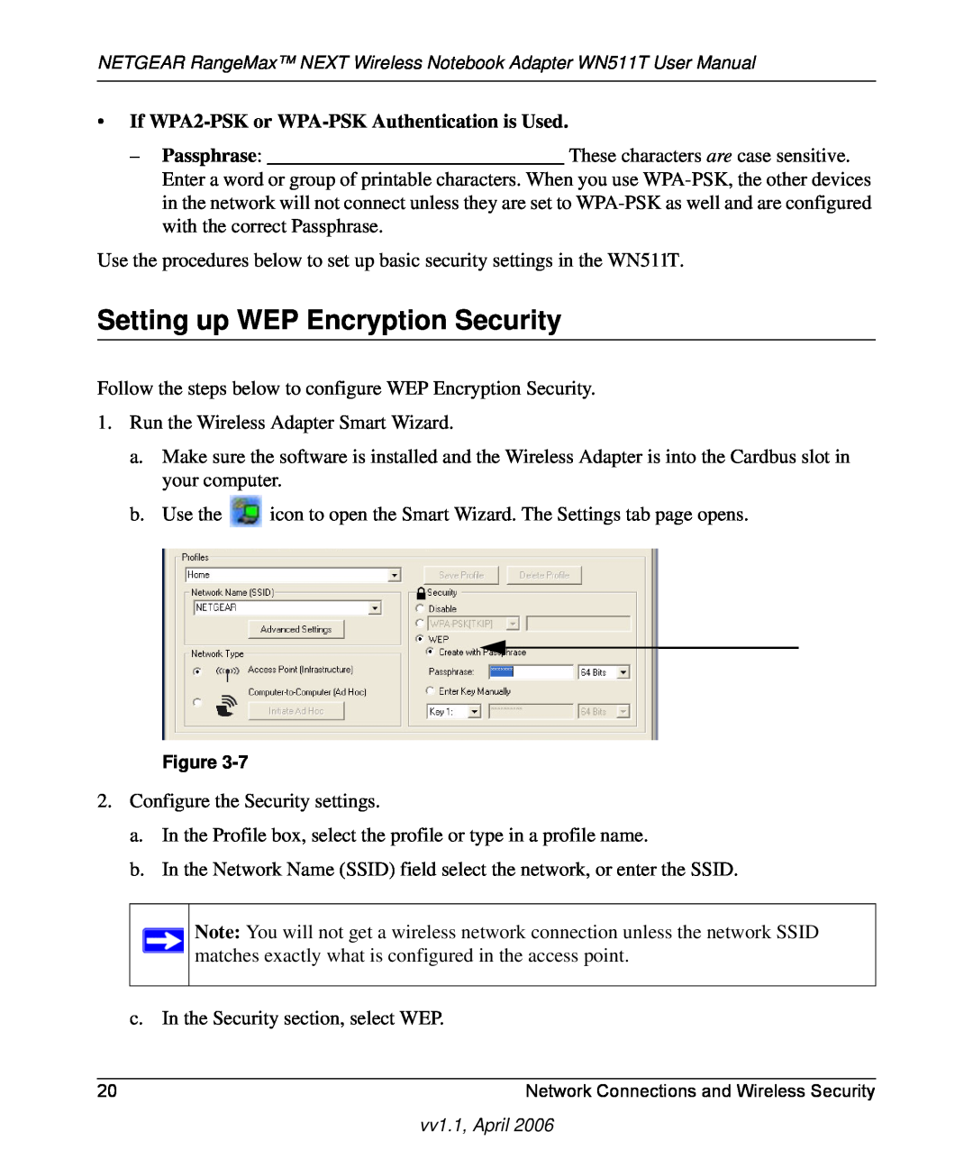 NETGEAR WN511T user manual Setting up WEP Encryption Security, If WPA2-PSK or WPA-PSK Authentication is Used 
