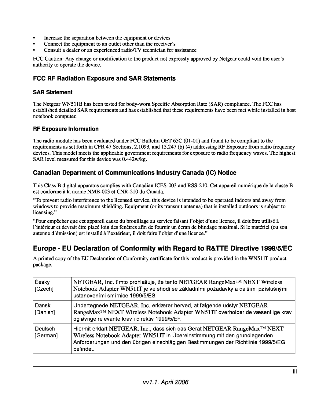 NETGEAR WN511T user manual FCC RF Radiation Exposure and SAR Statements, vv1.1, April, RF Exposure Information 