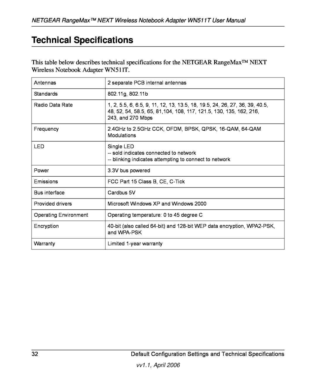 NETGEAR Technical Specifications, NETGEAR RangeMax NEXT Wireless Notebook Adapter WN511T User Manual, vv1.1, April 