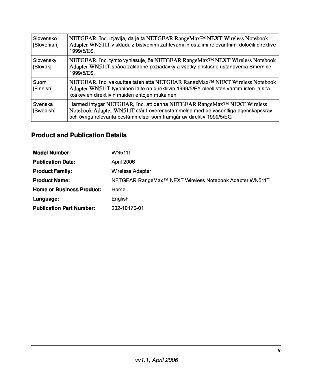 NETGEAR WN511T user manual Product and Publication Details, vv1.1, April 