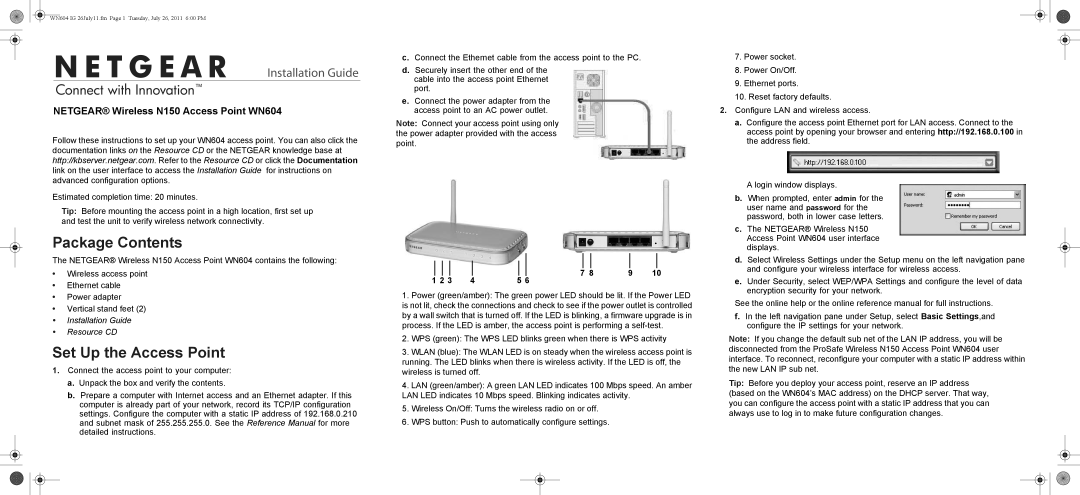 NETGEAR WN604-100NAS manual Package Contents, Set Up the Access Point 