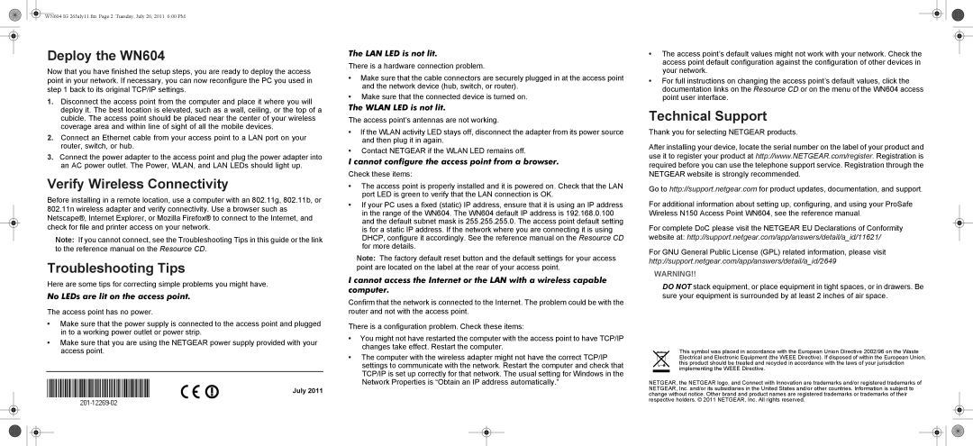 NETGEAR WN604-100NAS manual Deploy the WN604, Verify Wireless Connectivity, Troubleshooting Tips, Technical Support 