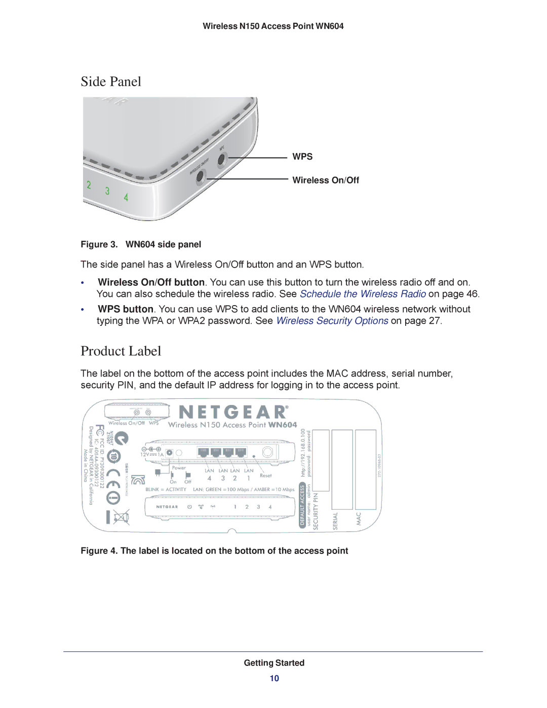 NETGEAR WN604 user manual Side Panel, Product Label 