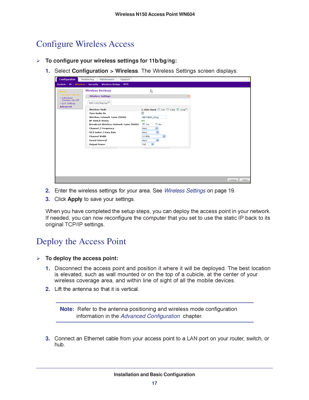 NETGEAR WN604 Configure Wireless Access, Deploy the Access Point,  To configure your wireless settings for 11b/bg/ng 