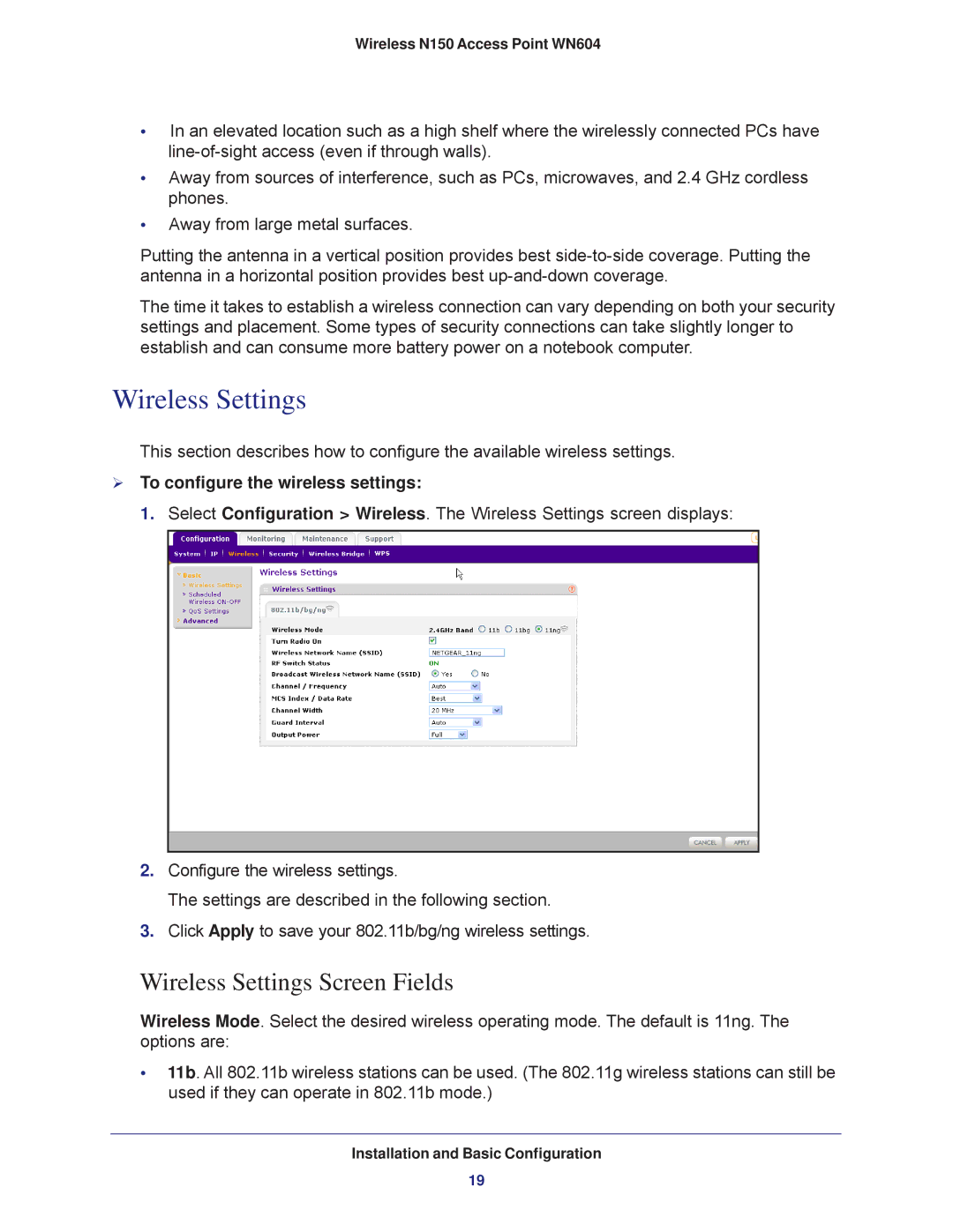 NETGEAR WN604 user manual Wireless Settings Screen Fields,  To configure the wireless settings 