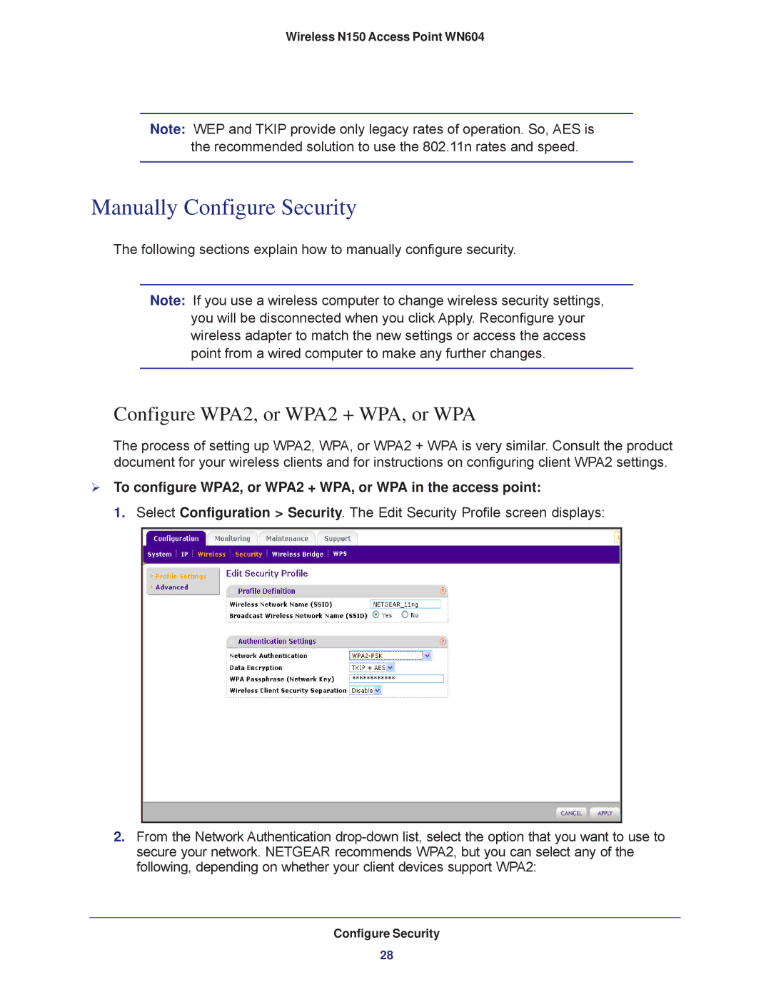 NETGEAR WN604 user manual Manually Configure Security, Configure WPA2, or WPA2 + WPA, or WPA 