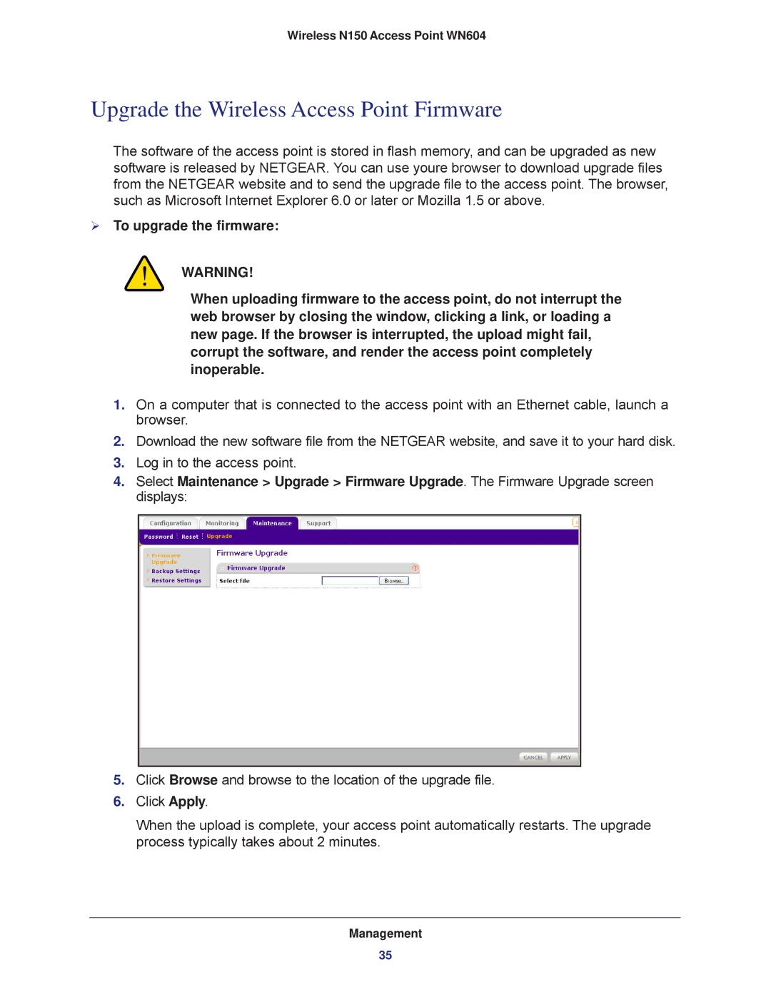 NETGEAR WN604 user manual Upgrade the Wireless Access Point Firmware 