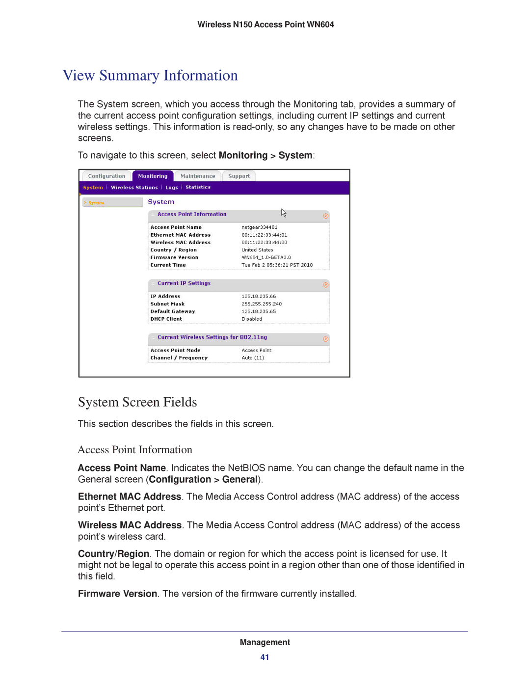 NETGEAR WN604 user manual View Summary Information, System Screen Fields 