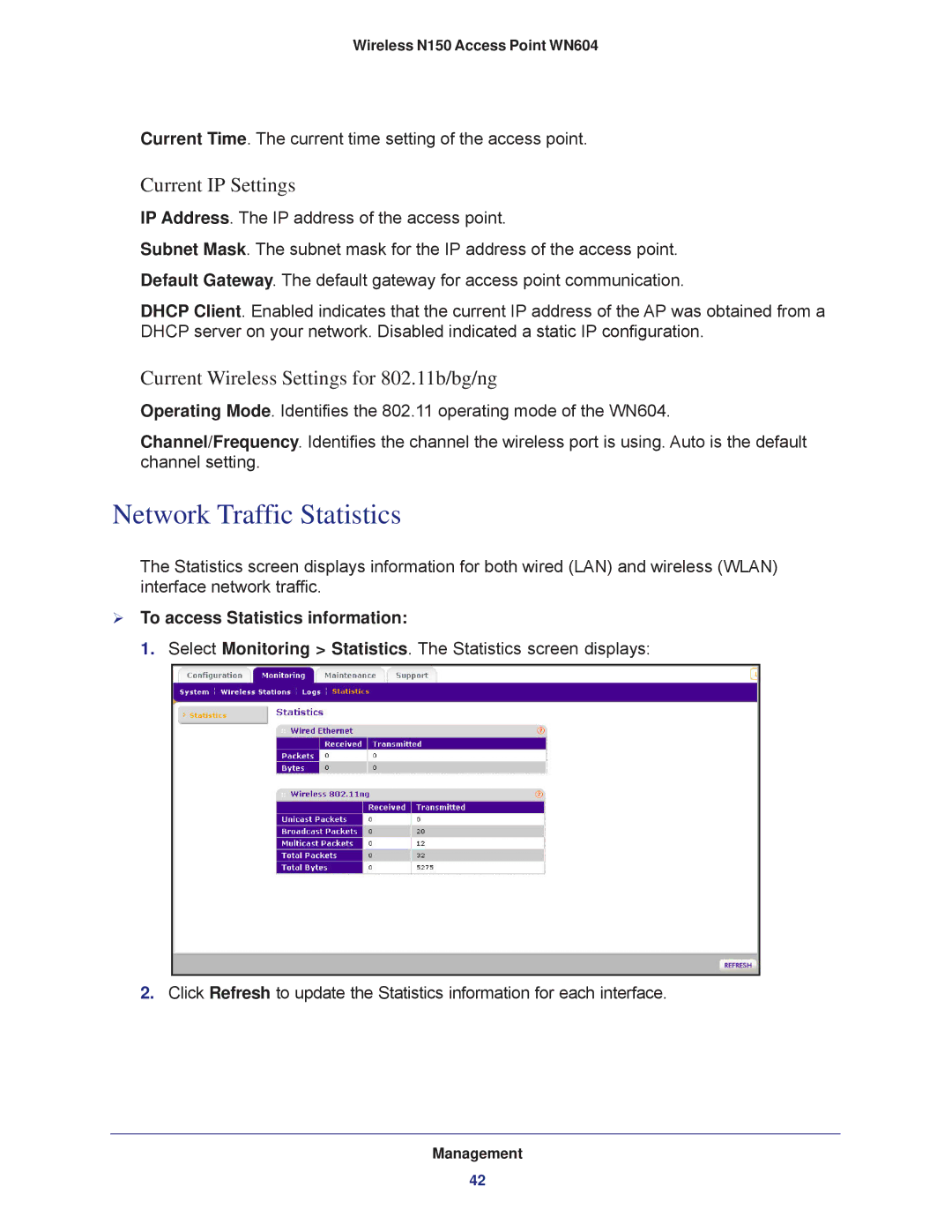 NETGEAR WN604 user manual Network Traffic Statistics,  To access Statistics information 