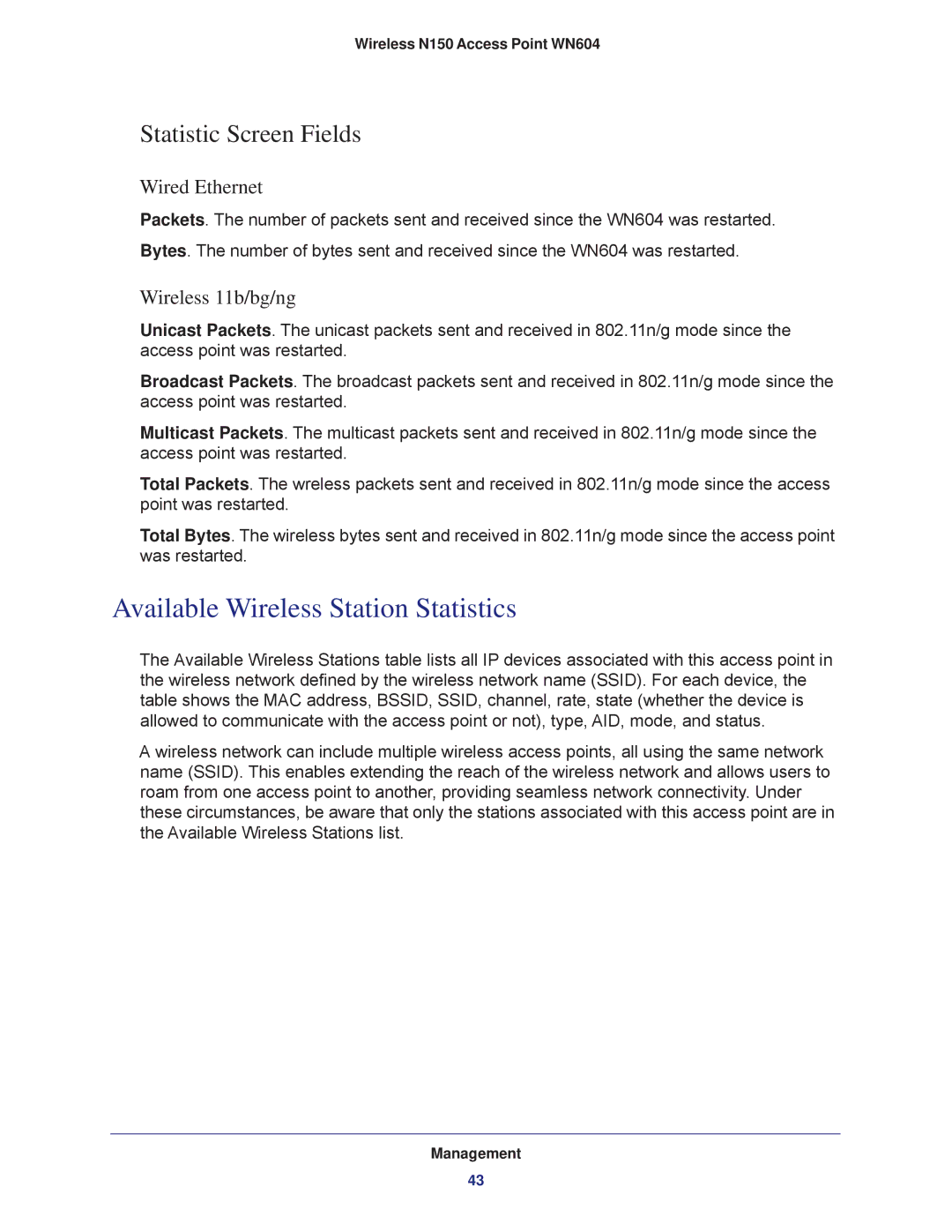 NETGEAR WN604 user manual Available Wireless Station Statistics, Statistic Screen Fields 