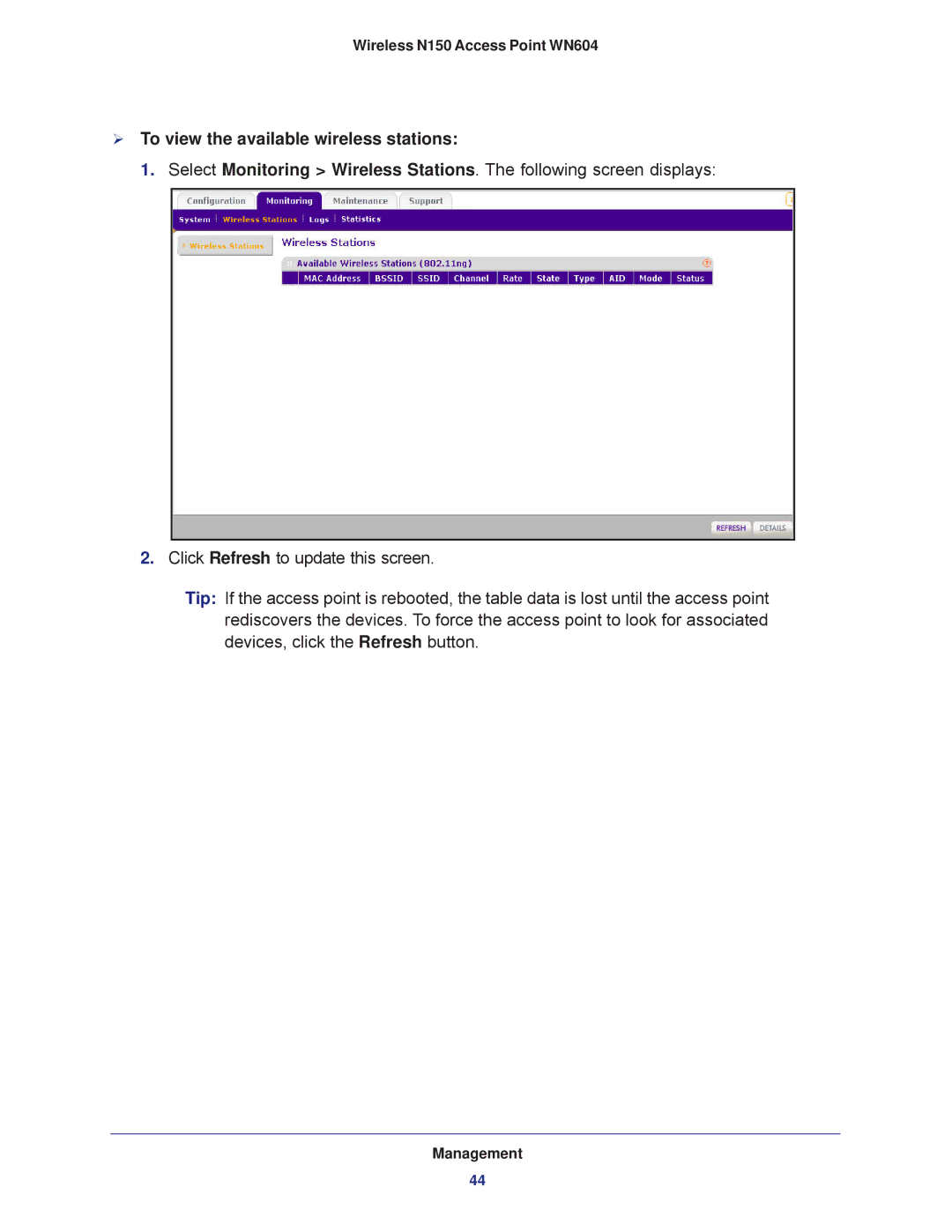 NETGEAR WN604 user manual  To view the available wireless stations 