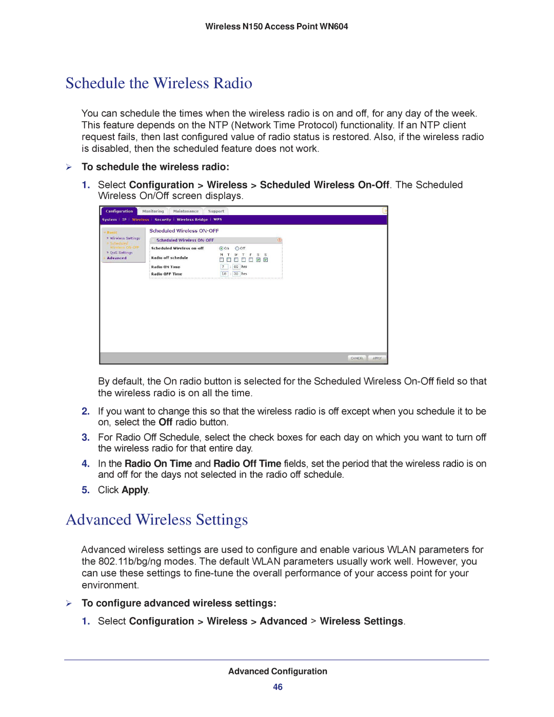 NETGEAR WN604 user manual Schedule the Wireless Radio, Advanced Wireless Settings,  To schedule the wireless radio 