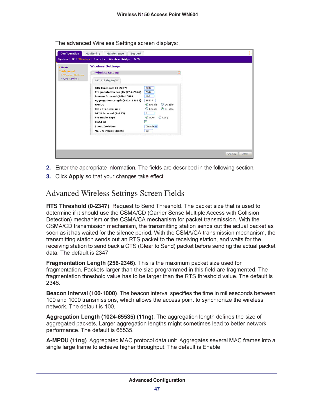 NETGEAR WN604 user manual Advanced Wireless Settings Screen Fields 