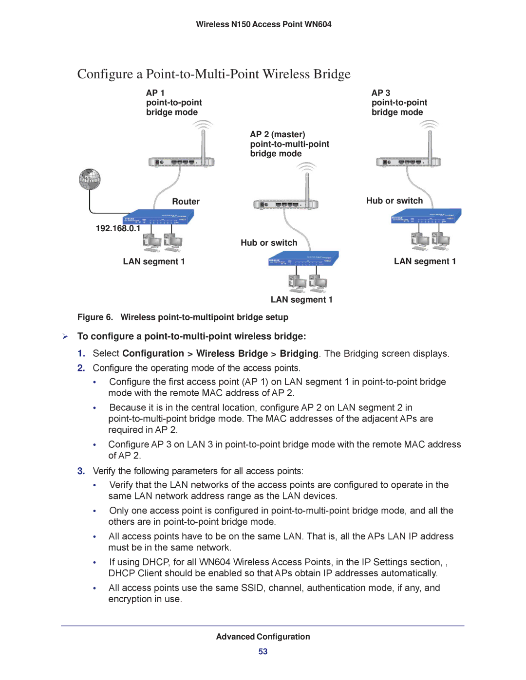 NETGEAR WN604 user manual Configure a Point-to-Multi-Point Wireless Bridge, Wireless point-to-multipoint bridge setup 