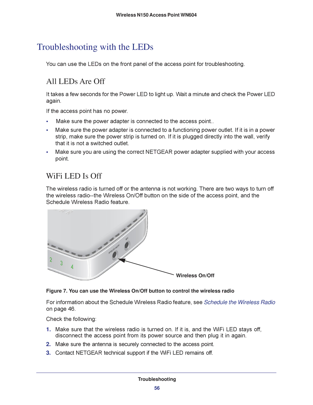 NETGEAR WN604 user manual Troubleshooting with the LEDs, All LEDs Are Off, WiFi LED Is Off 