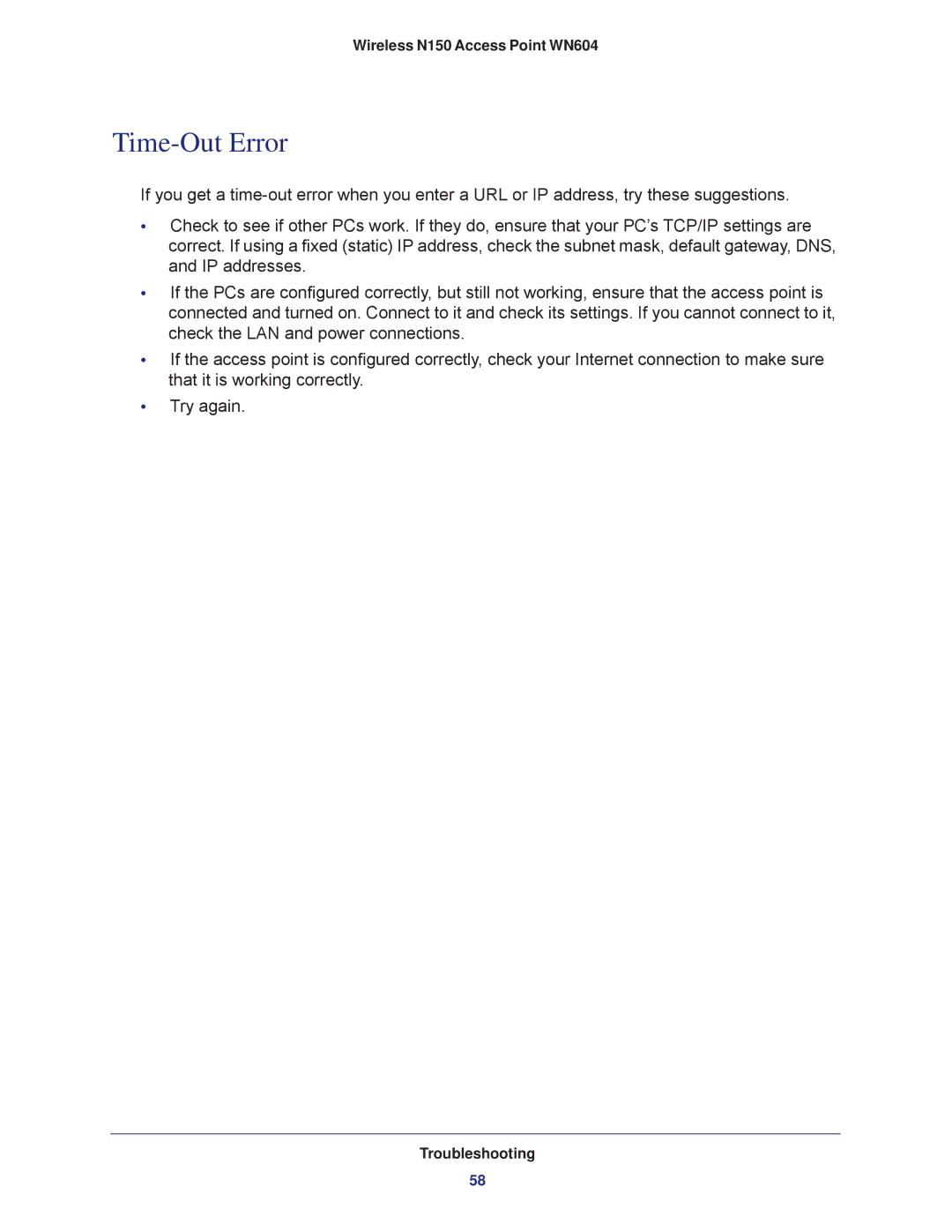 NETGEAR WN604 user manual Time-Out Error 
