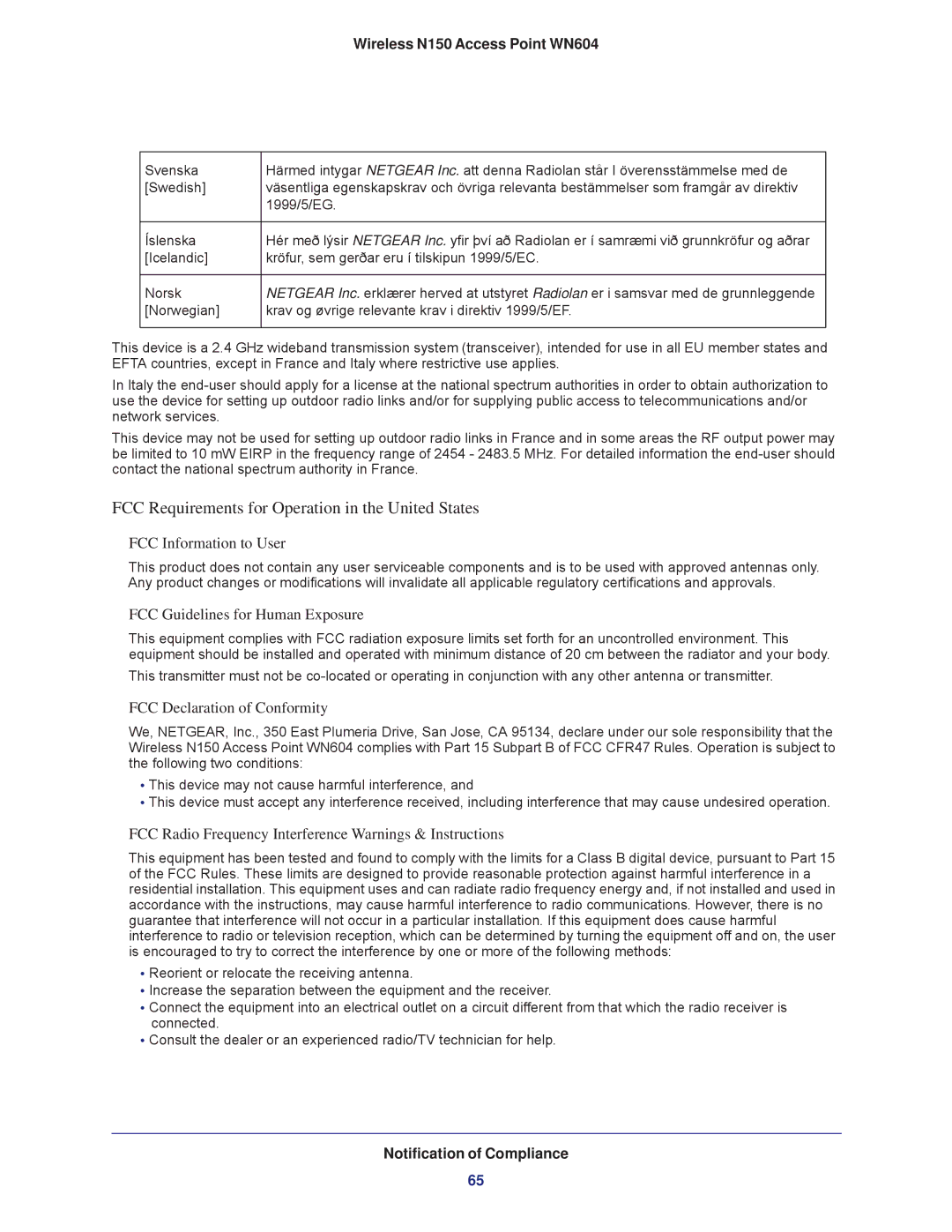 NETGEAR WN604 user manual FCC Requirements for Operation in the United States 