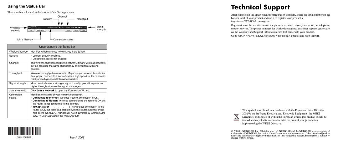 NETGEAR WN711 user manual Technical Support, Using the Status Bar 