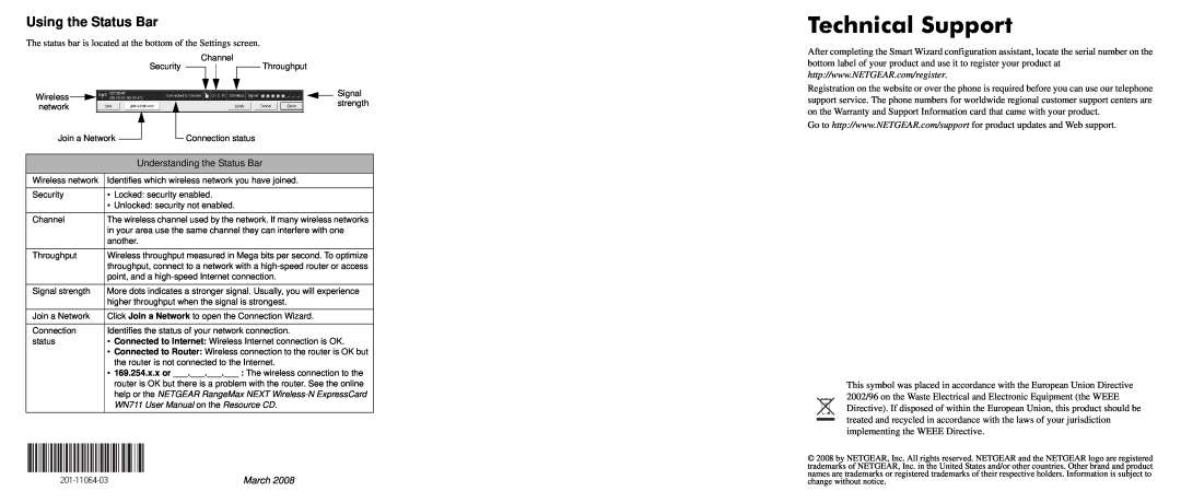 NETGEAR WN711 user manual Technical Support, Using the Status Bar, March 