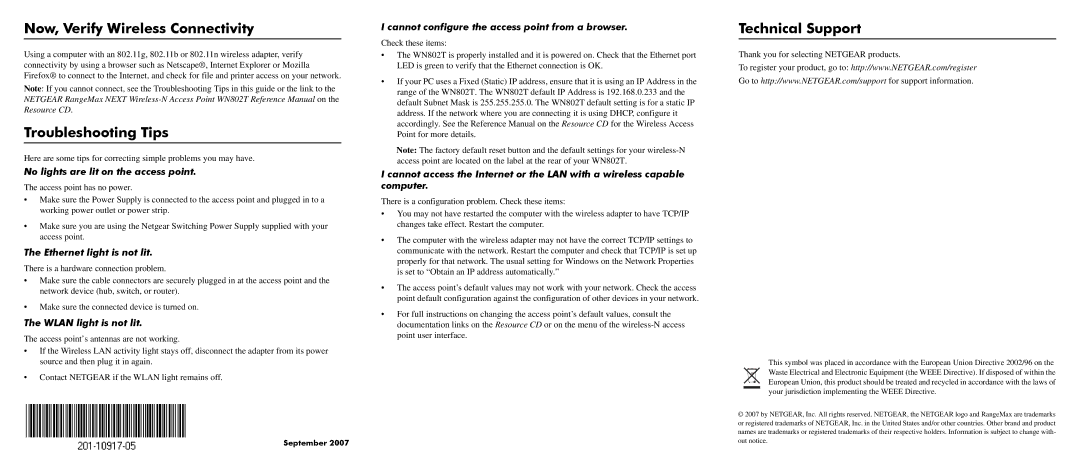 NETGEAR WN802T manual Now, Verify Wireless Connectivity, Troubleshooting Tips, Technical Support 