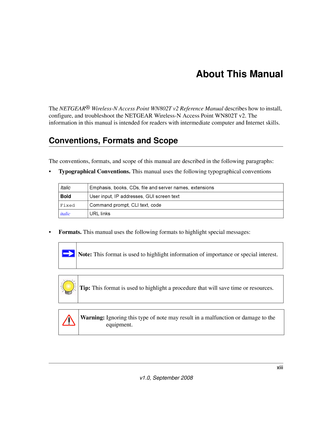 NETGEAR WN802T manual About This Manual, Conventions, Formats and Scope 