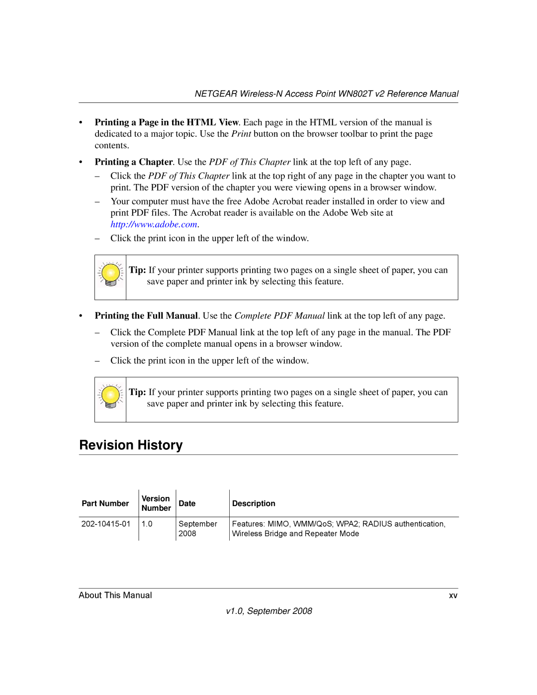 NETGEAR WN802T manual Revision History, Part Number Version Date Description 