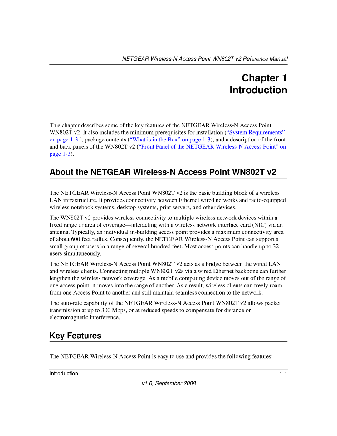 NETGEAR manual Chapter Introduction, About the Netgear Wireless-N Access Point WN802T, Key Features 