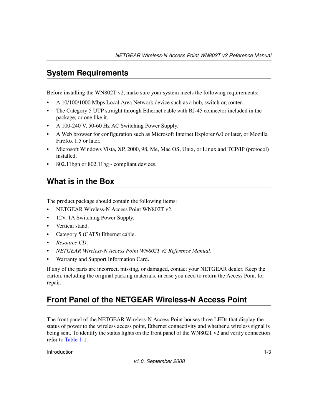 NETGEAR WN802T manual System Requirements, What is in the Box, Front Panel of the Netgear Wireless-N Access Point 