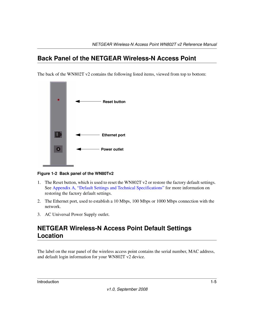 NETGEAR WN802T manual Back Panel of the Netgear Wireless-N Access Point, Reset button Ethernet port Power outlet 