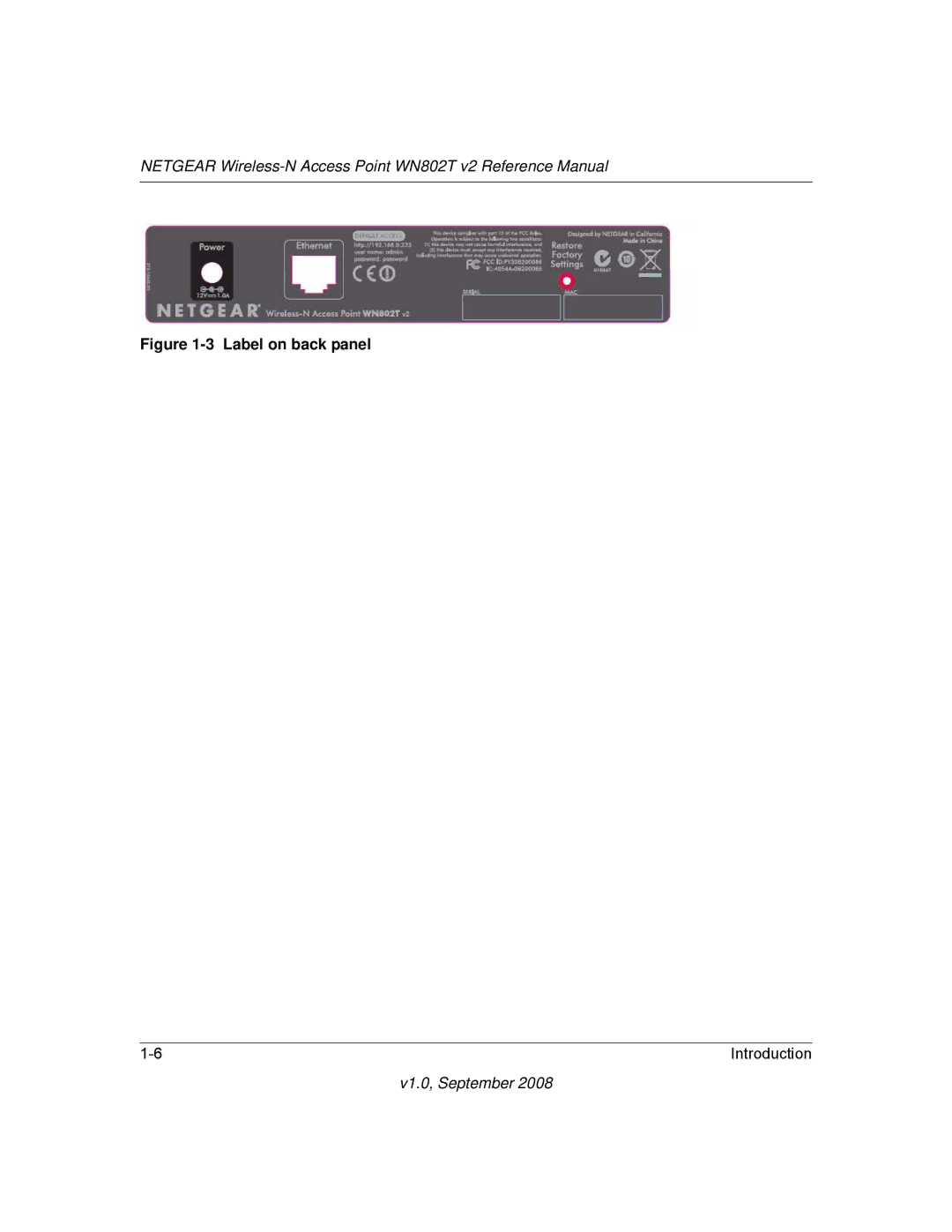 NETGEAR WN802T manual Label on back panel 