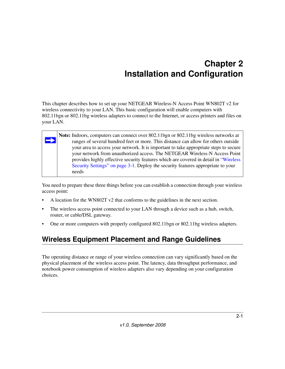 NETGEAR WN802T manual Chapter Installation and Configuration, Wireless Equipment Placement and Range Guidelines 